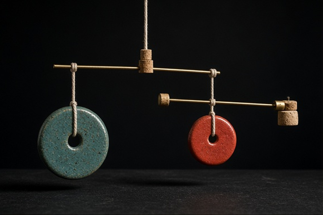An asymmetrical stoneware mobile descending through a dark studio