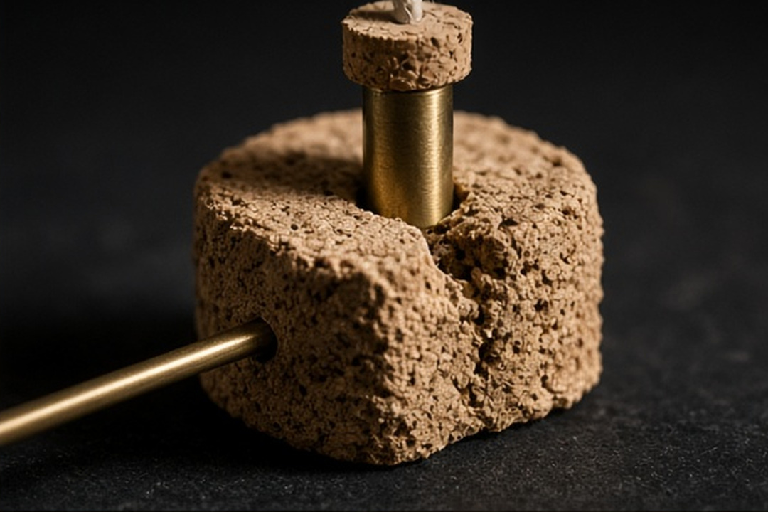 A cork fulcrum sliding beneath a brushed brass arm