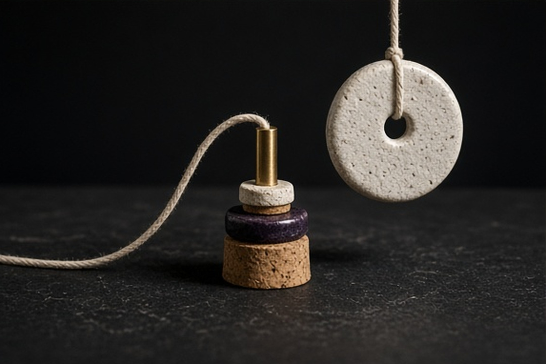 Loose cotton cord extending toward a separate stable stoneware weight