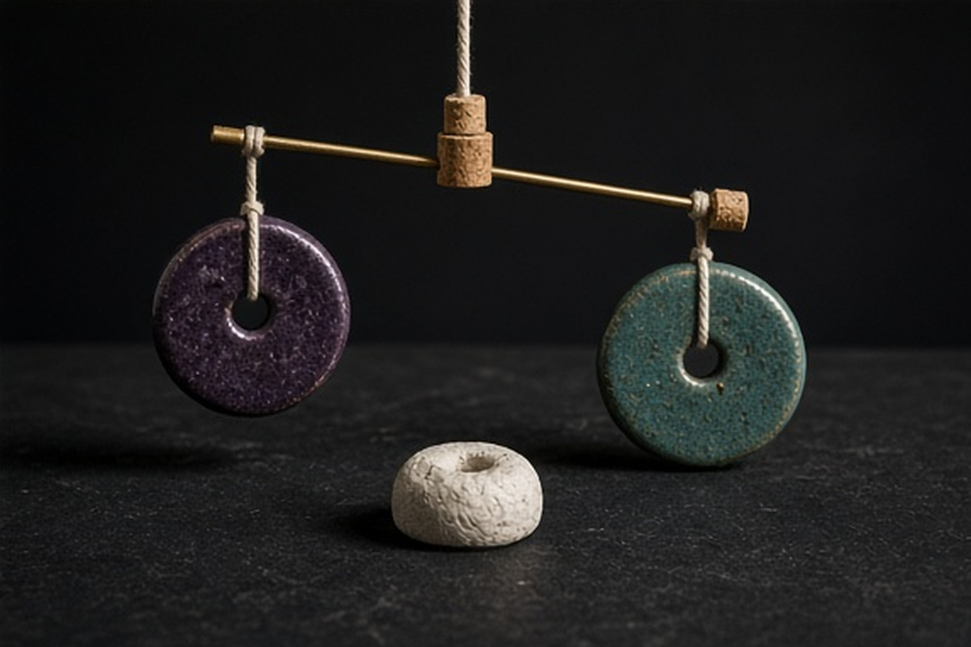 A small raw-clay cue resting on a cork shelf below a balanced mobile