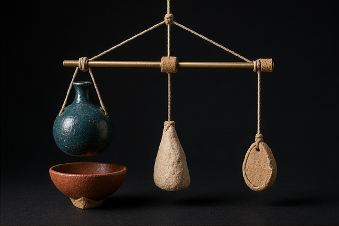 Stoneware objects representing basic needs