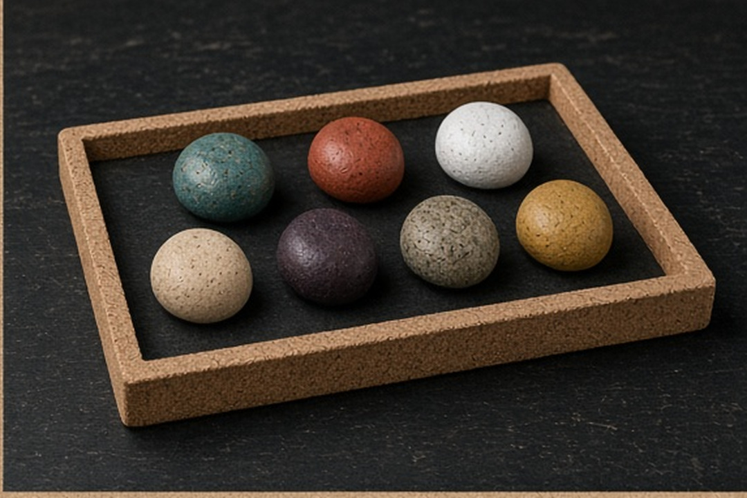 Seven unmarked stoneware cues inside a local cork shelf