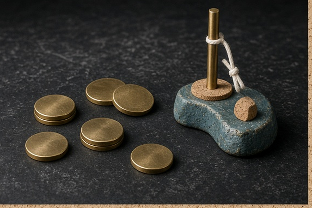 Blank brass tokens outside the mechanism
